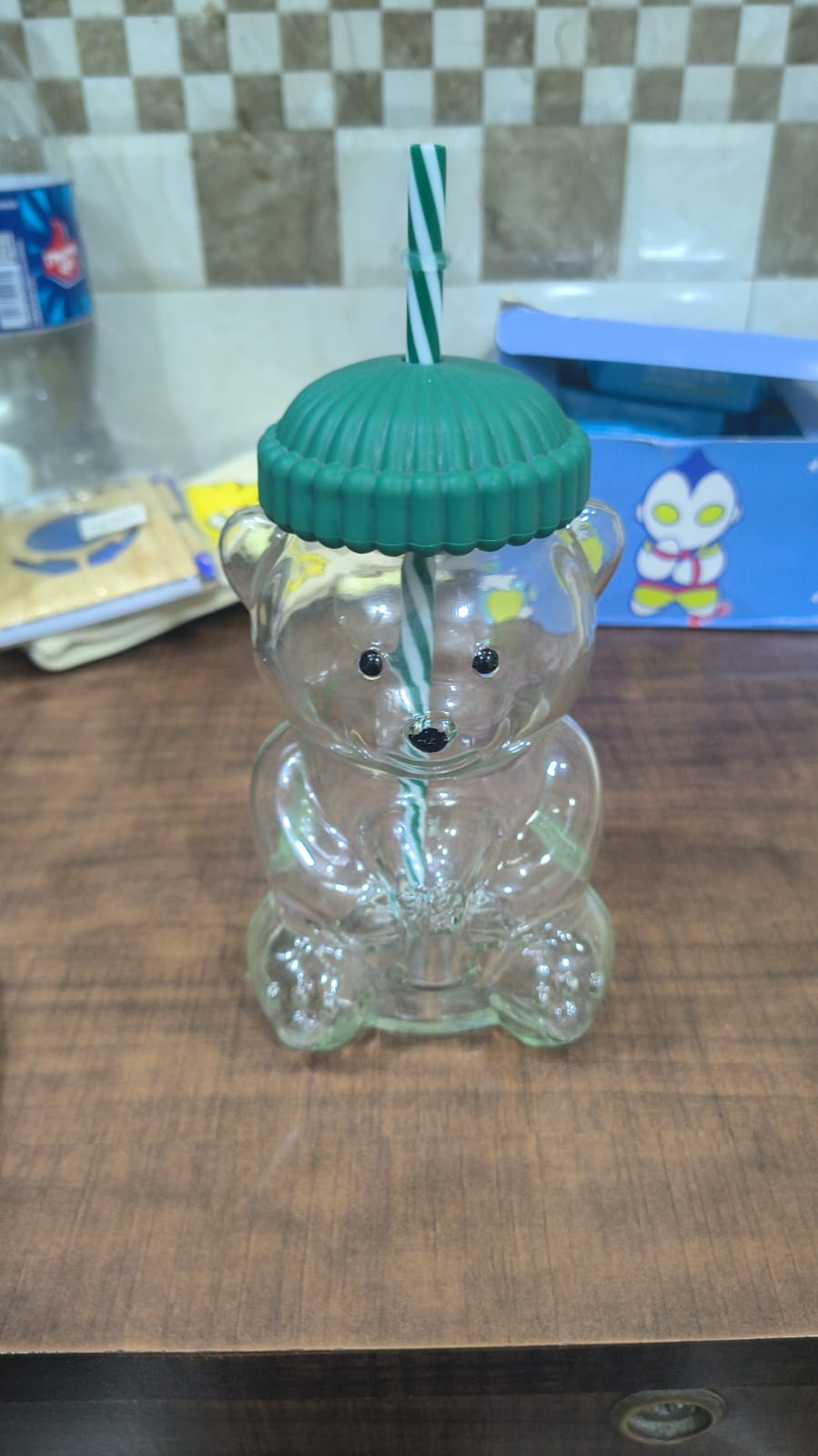 Transparent Bear Cup with Green Lid